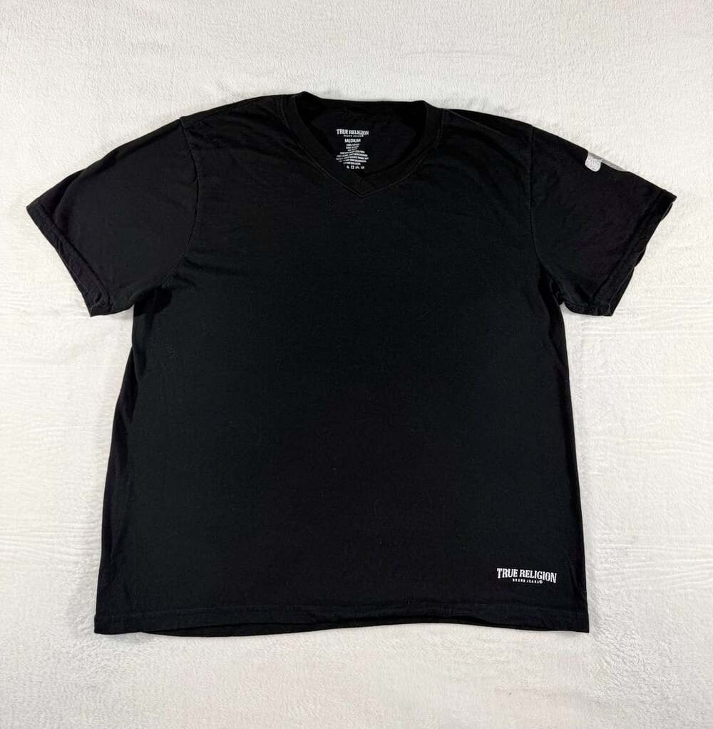 True Religion V-Neck T-Shirt Size Medium Black Silver Horseshoe Logo